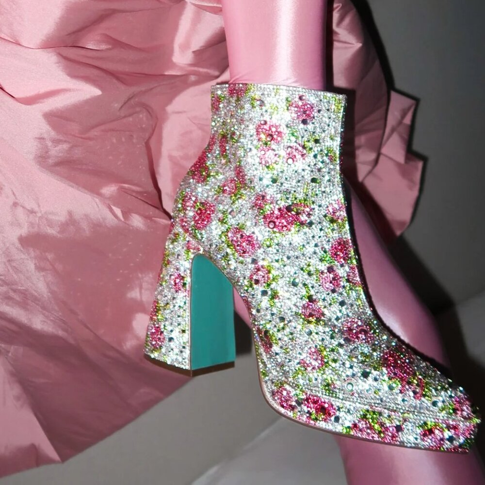 NEW BETSEY JOHNSON Delia Rhinestone Floral Booties Floral 367tn - Picture 7 of 12